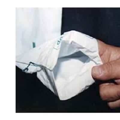 A urine collection bag with a blue drawstring COLLECTING BAG-BLUE STRING